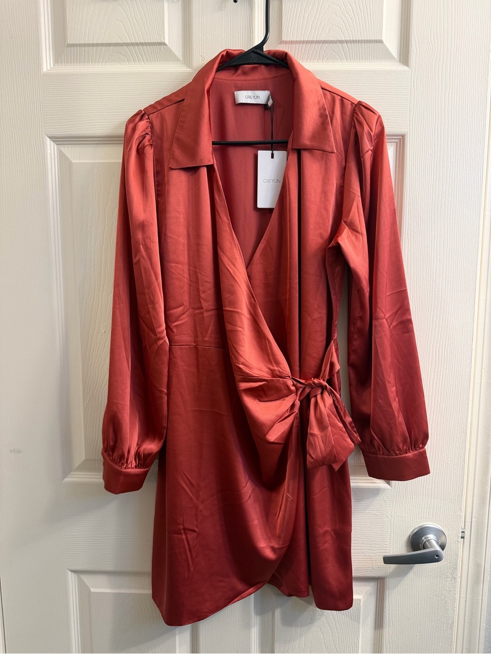 Greylin Satin Wrap Dress - Rust